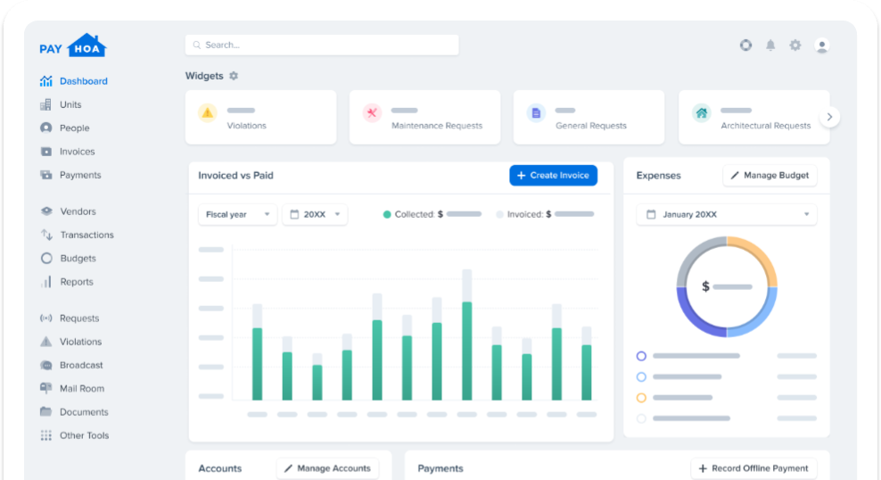 PayHOA dashboard interface showing invoices, expenses, requests, and owner tools